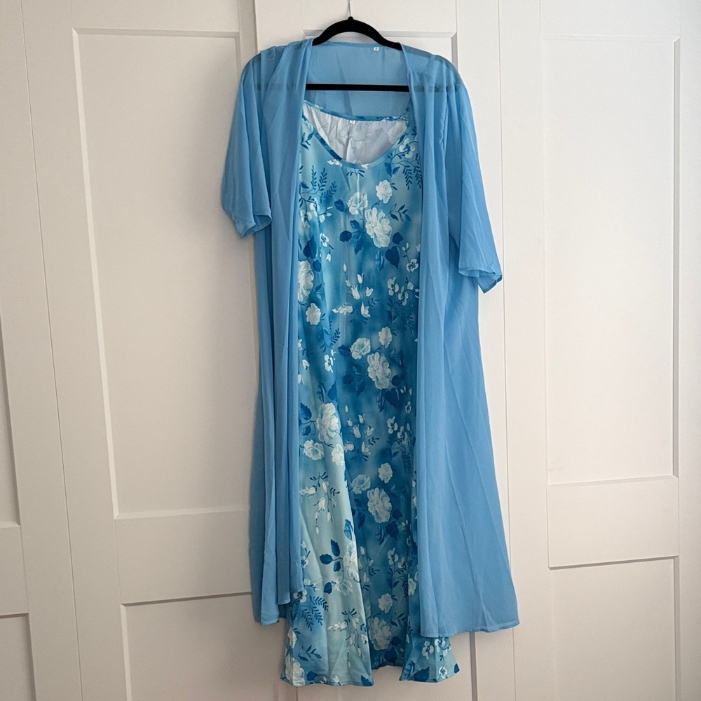Blue Floral Women's Dress Set with sheer cardigan